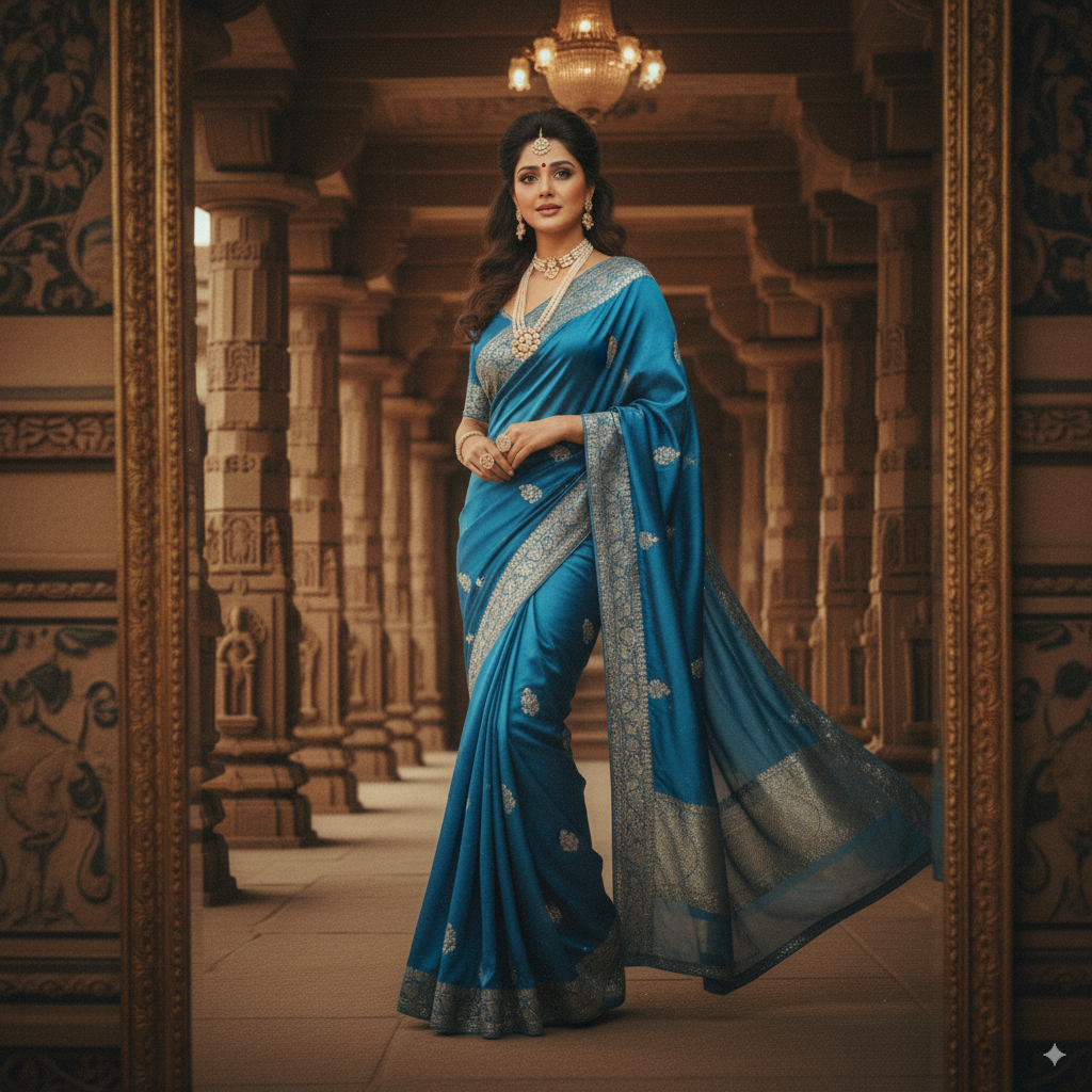 Give this selfie a retro makeover: person in a blue silk saree with pearl jewelry, inside a grand Indian palace hall with theatrical lighting on nanobananas.me